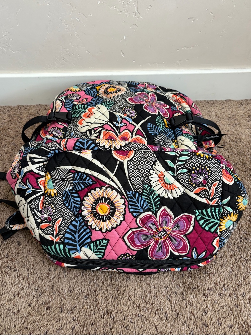 Vera Bradley Essential Expandable Backpack Kauai Floral Pink Black - Picture 8 of 10